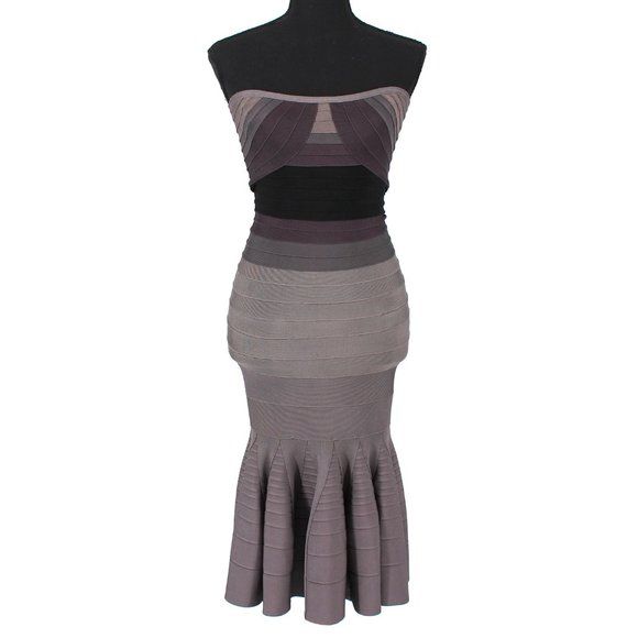 Herve Leger Grey Black Ombré Stripe Bandage Strapless Fishtail Hemline Dress XS